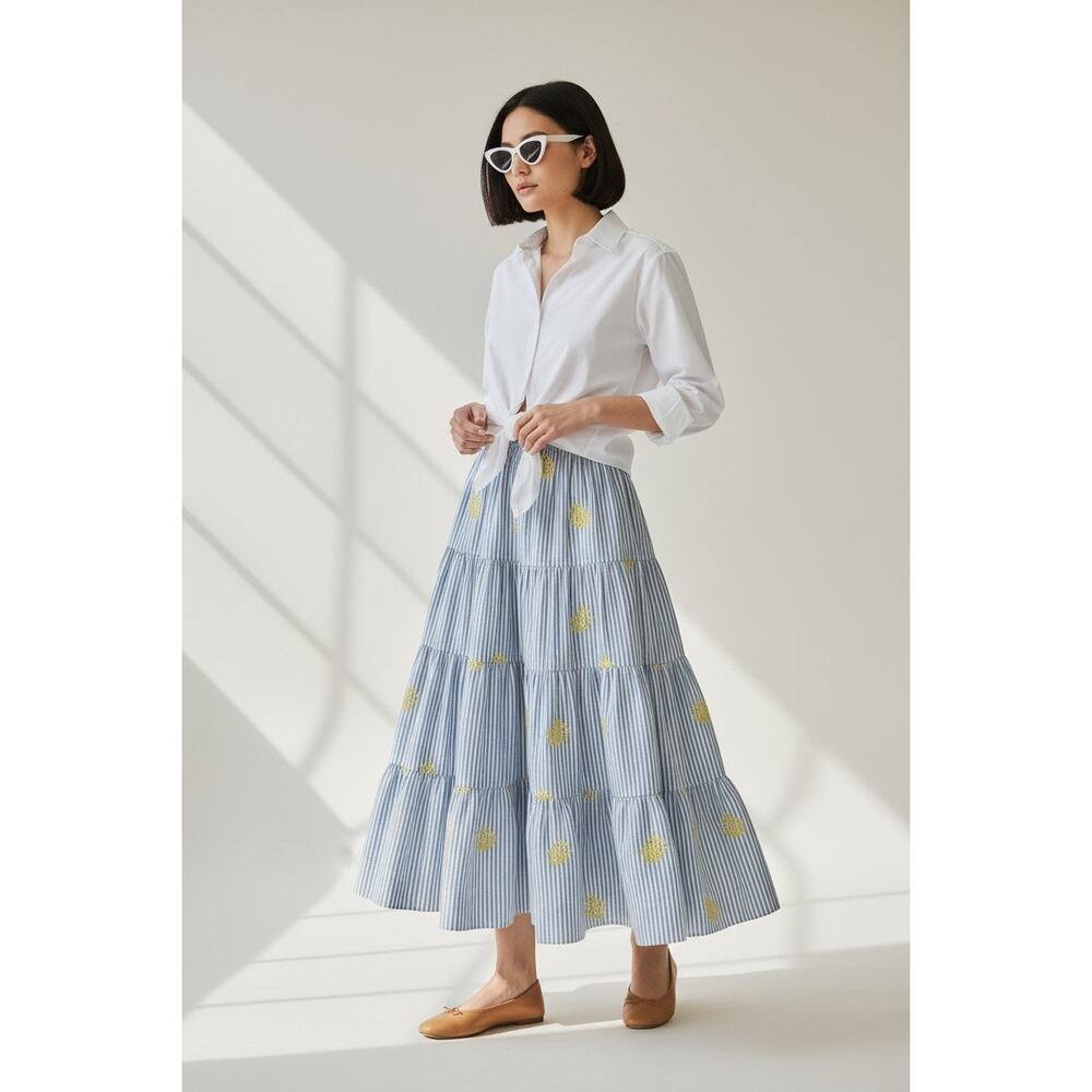 Coastal Chic J.Crew Blue Pinstripe Embroidered Pineapple Midi Skirt Size XS